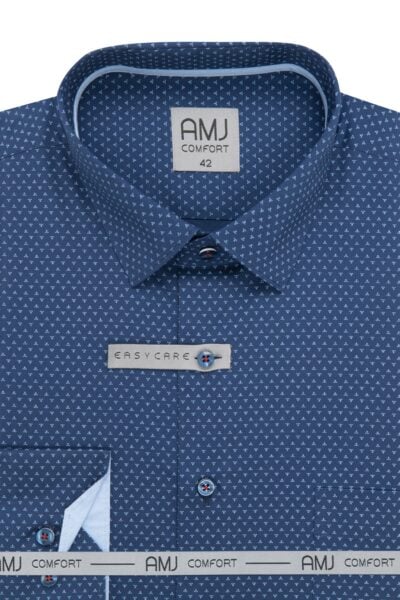 Pánská košile Slimfit, AMJ Comfort, námořnická modrá se vzorem - dlouhý rukáv