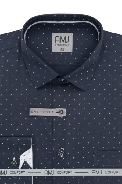 Pánská SlimFit košile tmavě modrá vzor AMJ Comfort - dlouhý rukáv