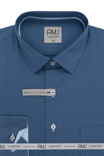 Pánská SlimFit košile modrá vzor AMJ Comfort - dlouhý rukáv