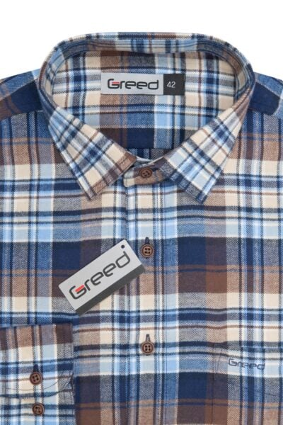 Greed – pánská kostkovaná košile v modro-hnědých tónech - dlouhý rukáv
