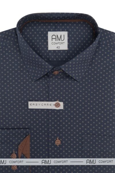 Pánská košile AMJ Slim Fit – tmavě modrá s micro-květinovým vzorem, hnědé knoflíky, dlouhý rukáv