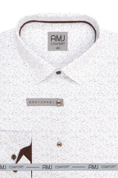 Pánská košile AMJ Slim Fit – bílá s modro-karamelovým micro-vzorem, hnědé knoflíky, dlouhý rukáv